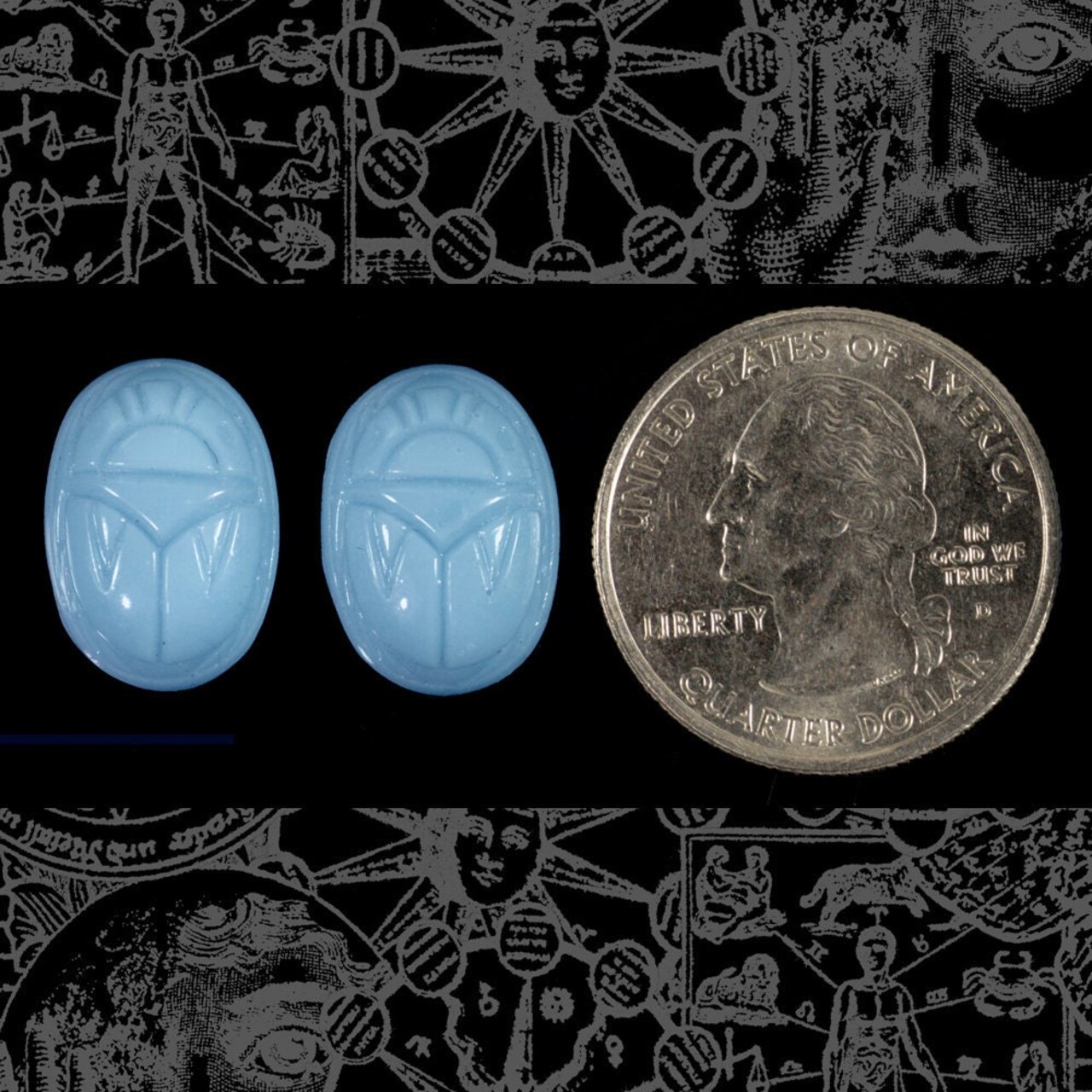 Vintage Sky Blue Glass Scarabs 18mm x 13mm Glass Cameos - Set of Two - CAM75